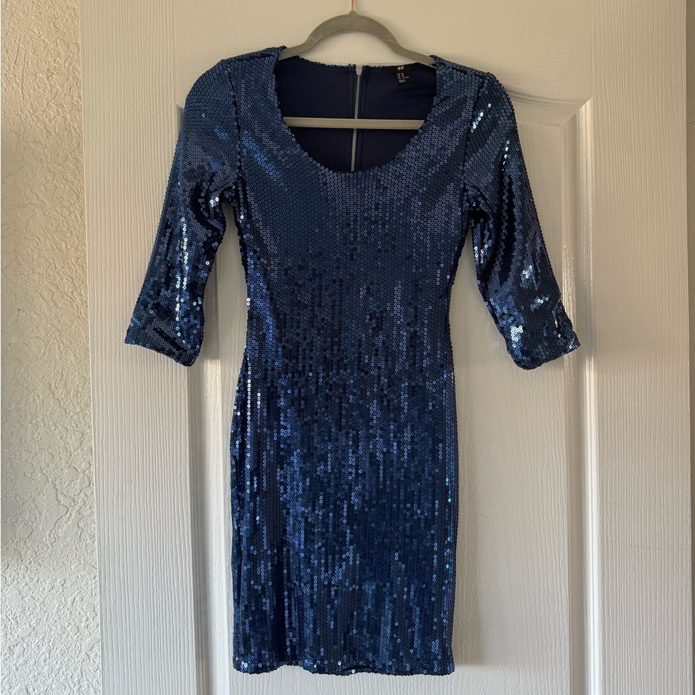 H&M XS Navy Sequin Long Sleeve Dress